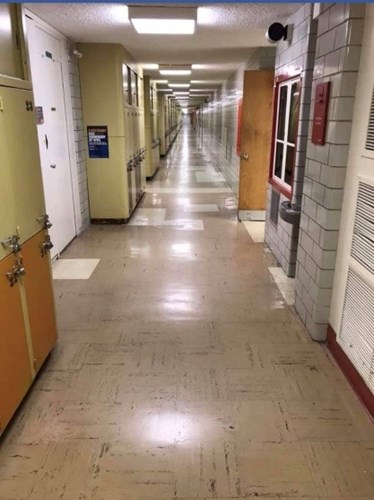 Dated lockers line the dental student hallway.